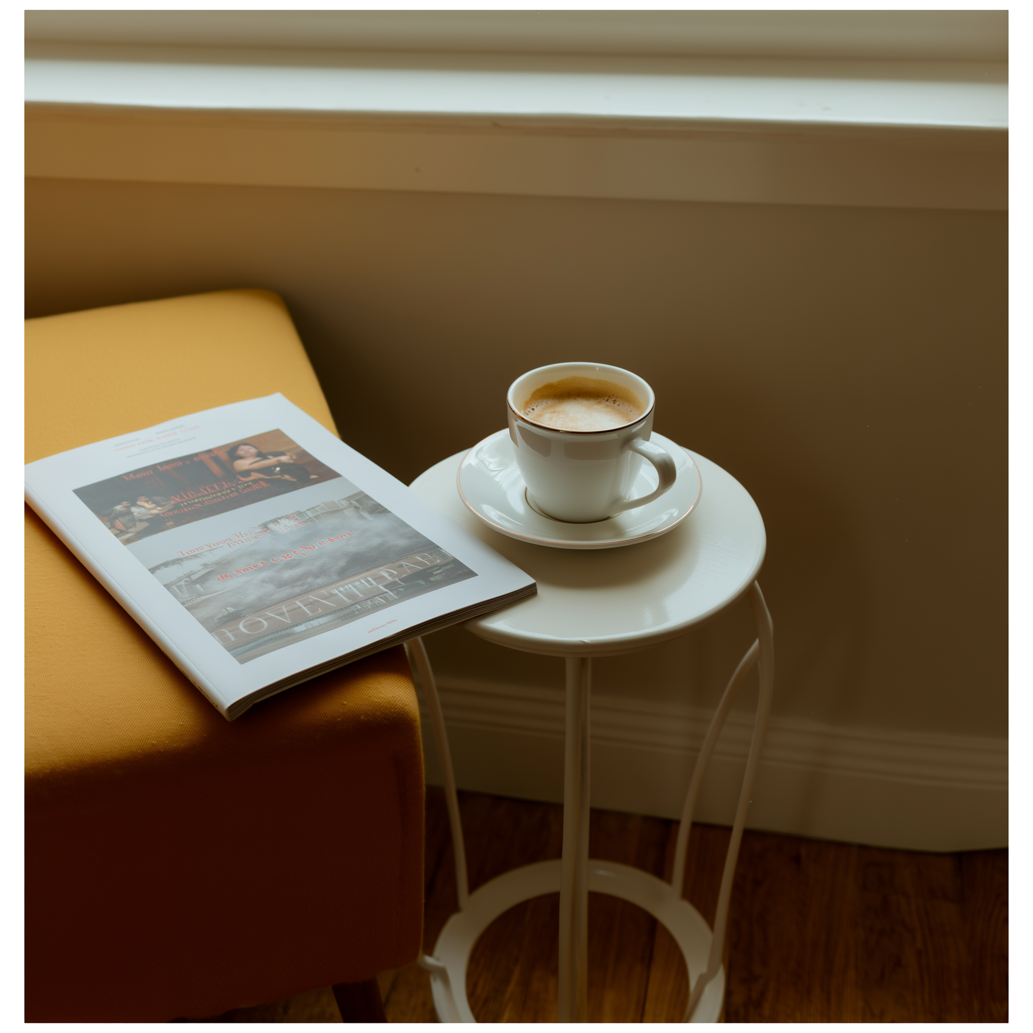 Een kopje koffie op een wit bijzettafeltje, naast een tijdschrift op de wachtbank.