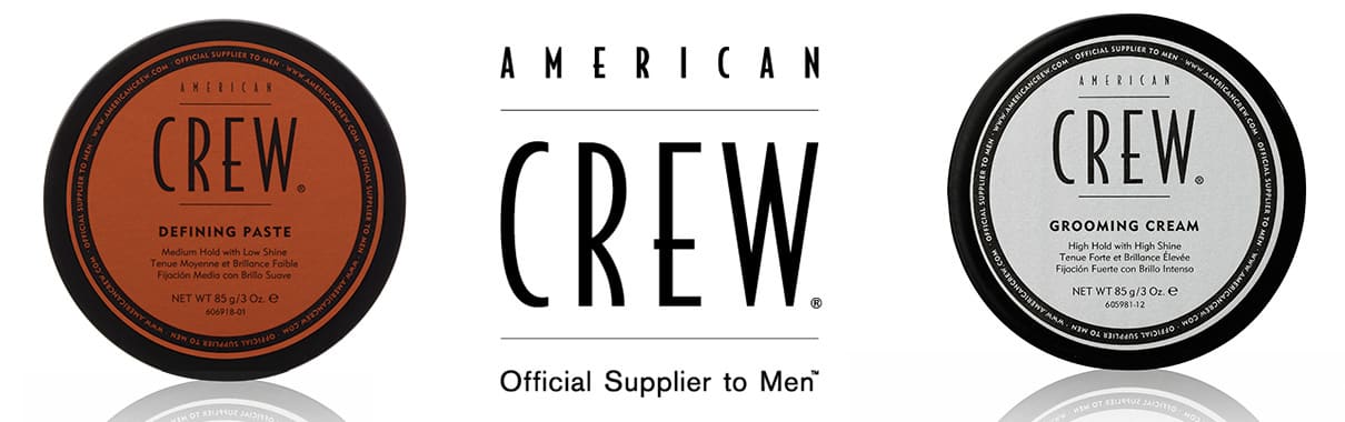 Twee potjes styling van American Crew naast de merknaam.