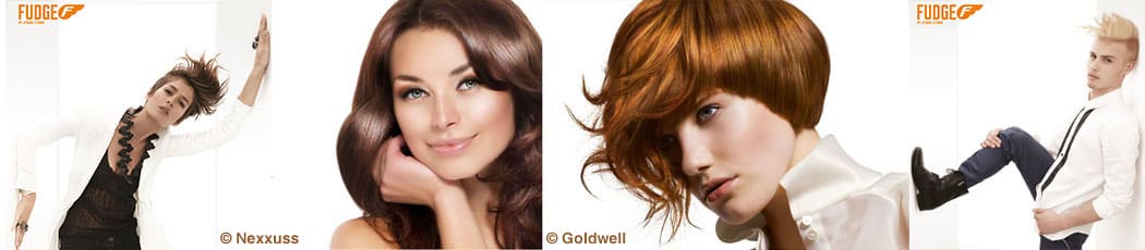 Vier stylingbeelden van Fudge, Nexxus en Goldwell, van losse beweging tot een korte coupe met volume.