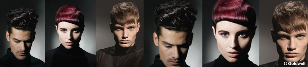 Zes donkere studiobeelden van Goldwell met korte coupes voor dames en heren.